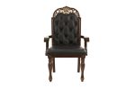 Majestic Formal Set of 2 Arm Chairs Brown Finish Rubberwood Dining Room Furniture Intricate Design Cushion Upholstered Seat Tufted Back